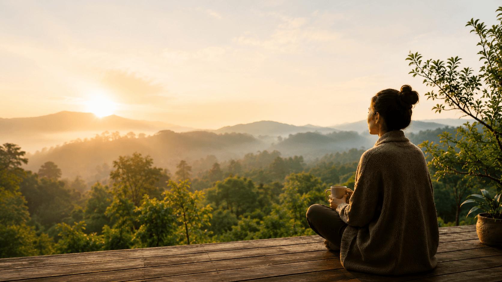 Person sitting quietly outdoors in warm morning light.